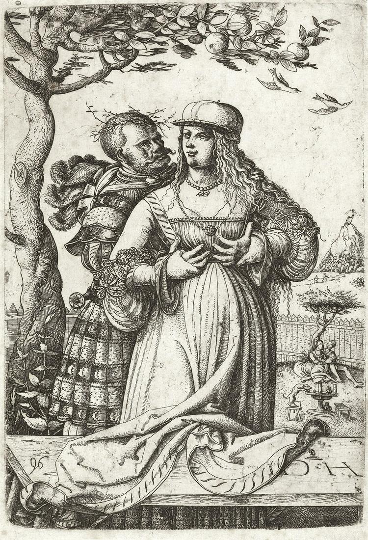DANIEL HOPFER Lovers (Soldier Embracing a Woman).: DANIEL HOPFERLovers (Soldier Embracing a Woman).Etching, circa 1520. 225x155 mm; 8x6 inches, narrow margins. Second state (of 2). A very good, dark impression with strong contrasts. Bartsch 1.