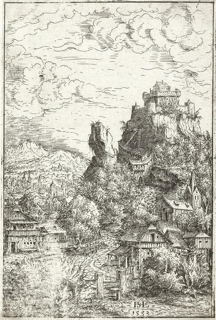 HANS SEBALD LAUTENSACK Landscape with a Castle.: HANS SEBALD LAUTENSACKLandscape with a Castle.Etching, 1553. 171x115 mm; 6x4 inches, thread margins. A very good, well-inked impression with strong contrasts and no sign of wear. Hollstein 15.