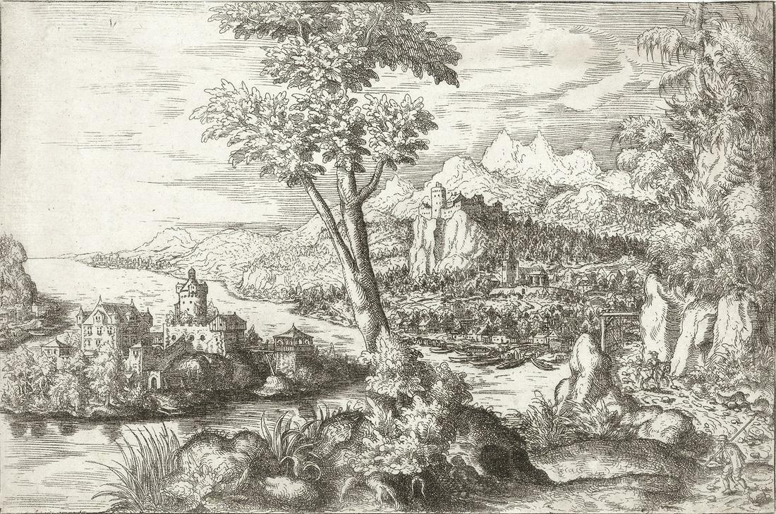 HANS SEBALD LAUTENSACK A Landscape with Three Men.: HANS SEBALD LAUTENSACKA Landscape with Three Men.Etching, 1553. 191x290 mm; 7½x11½ inches, thread margins. A very good impression of this extremely scarce, early landscape etching.We have found only
