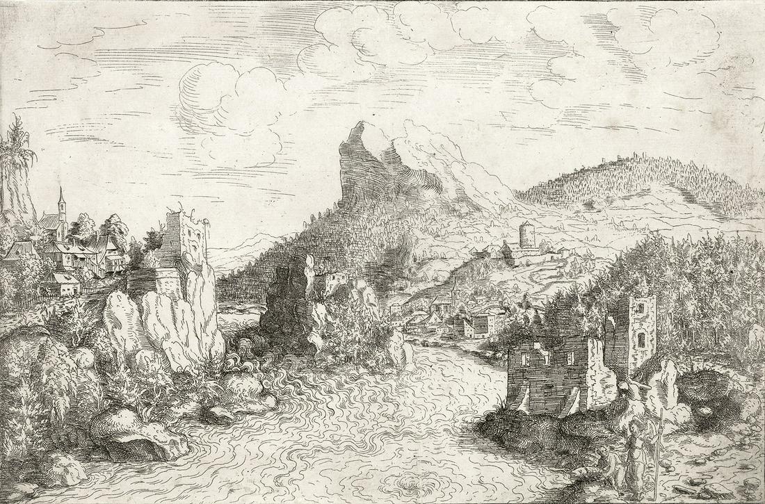 HANS SEBALD LAUTENSACK Landscape with Tobias at a River: HANS SEBALD LAUTENSACKLandscape with Tobias at a River (the "Donaustrudel" near Grien).Etching, 1572. 192x291 mm; 7x11½ inches. Trimmed on the plate mark. A very good, early impression of this extrem