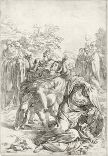 SIMONE CANTARINI (after Lodovico Carracci) Saint: SIMONE CANTARINI (after Lodovico Carracci)Saint Benedict Healing a Possessed Man.Etching, circa 1620-30. 395x272 mm; 15½x10 inches, narrow to thread margins. Ex-collection John Postle Heseltine, acco
