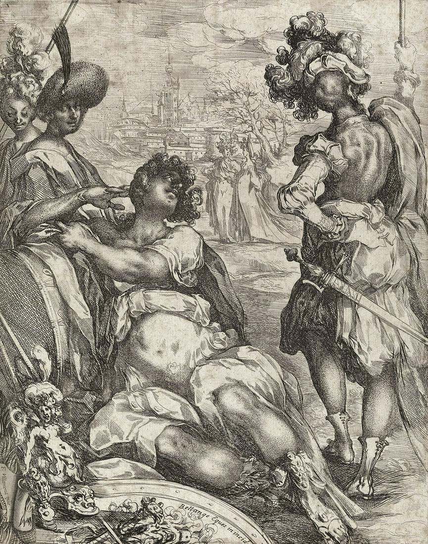 JACQUES BELLANGE Military Figures outside a City.: JACQUES BELLANGEMilitary Figures outside a City.Etching and engraving, circa 1605. 274x215 mm; 10x8½ inches. Small eagle watermark (Griffiths/Hartley 30, which they cite for impressions of this subje