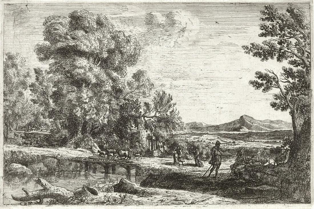 CLAUDE GELLÉE, LE LORRAIN Le Pont de Bois (Rebecca: CLAUDE GELLÉE, LE LORRAINLe Pont de Bois (Rebecca et Eliezer).Etching, circa 1638-41. 130x194 mm; 5¼x7 inches, narrow to thread margins. Fourth state (C) (of 7). Paschal Lamb in a circle with the le