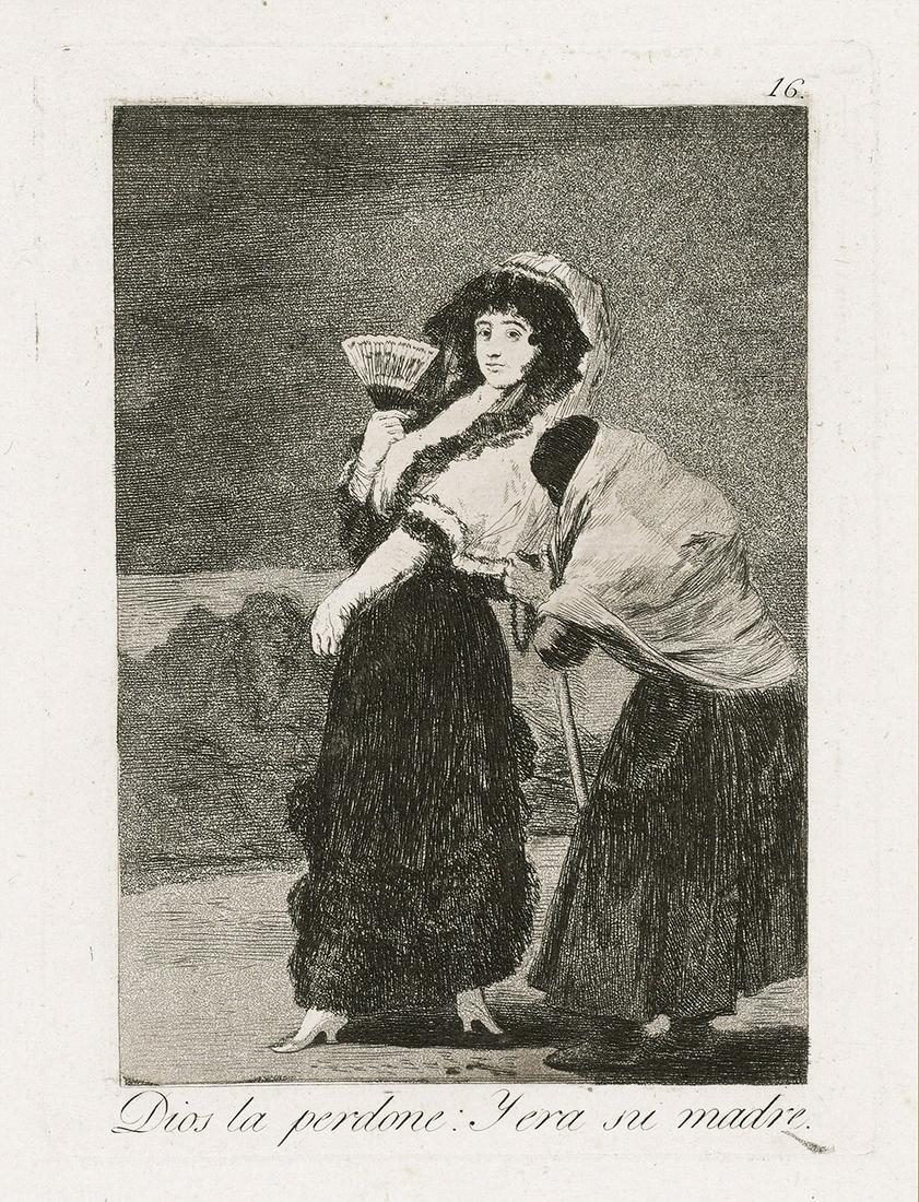 FRANCISCO JOSÉ DE GOYA Dios la perdone: Y era su: FRANCISCO JOSÉ DE GOYADios la perdone: Y era su madre.Aqautint and etching, circa 1799. 215x145 mm; 8½x5 inches, full margins. First edition. From Los Caprichos. A very good, early impression, with 