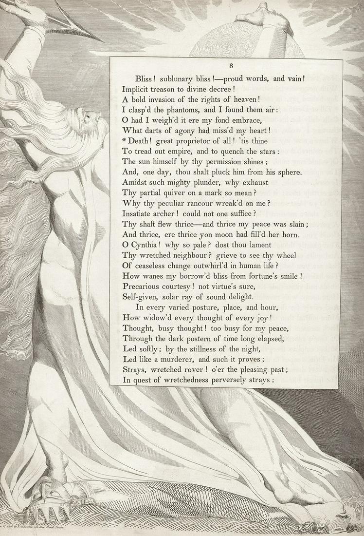 WILLIAM BLAKE The Complaint, and The Consolation; or,: WILLIAM BLAKEThe Complaint, and The Consolation; or, Night Thoughts.Bound volume with 43 engravings and letterpress text, 1797. 401x300 mm; 15x12 inches (sheets). Printed by Robert Noble, London. Publ