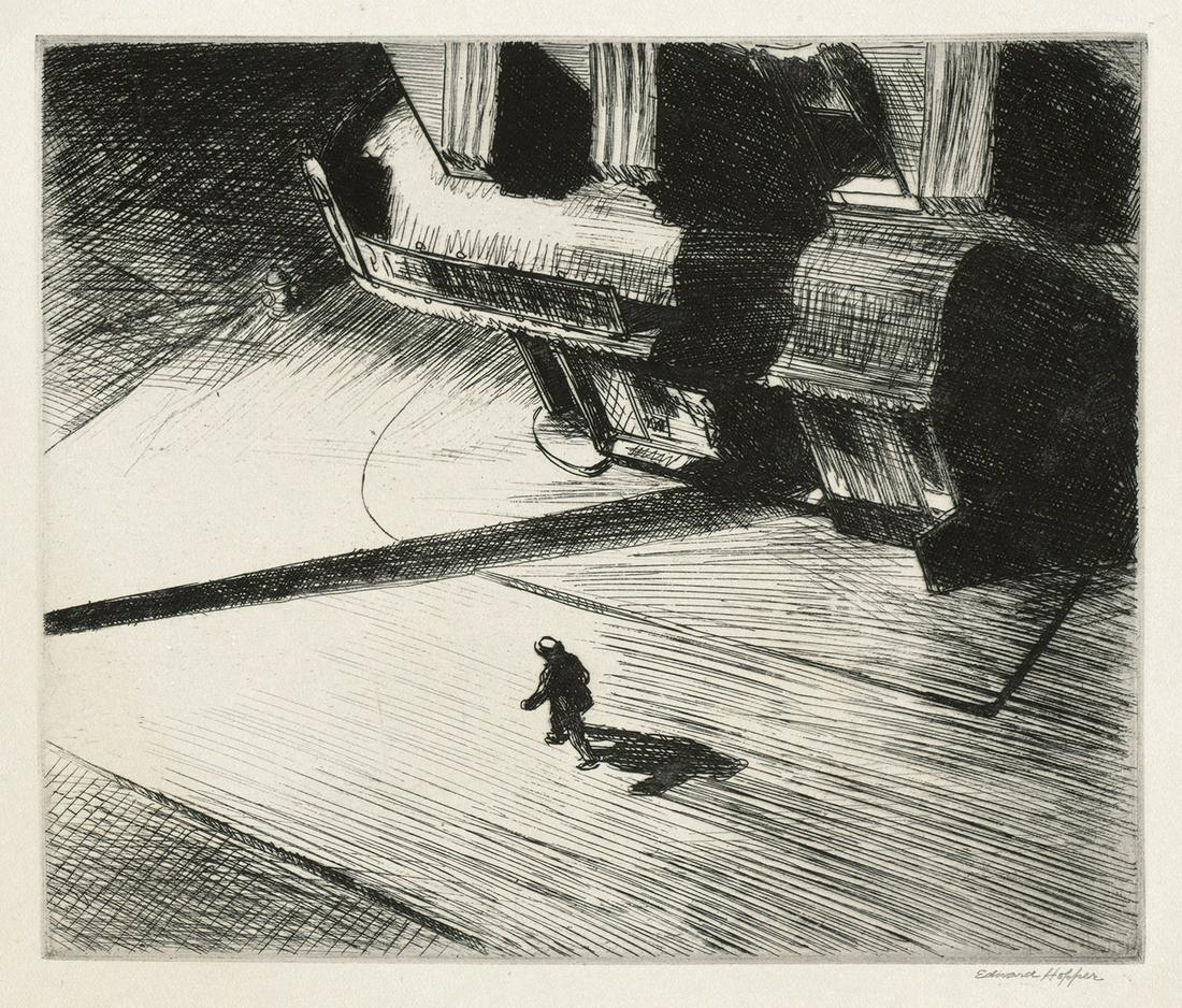 EDWARD HOPPER Night Shadows.: EDWARD HOPPERNight Shadows.Etching on cream wove paper, 1921. 175x210 mm; 6x8 inches, full margins. Edition of approximately 500. Signed in pencil, lower right. Published by The New Republic, New York