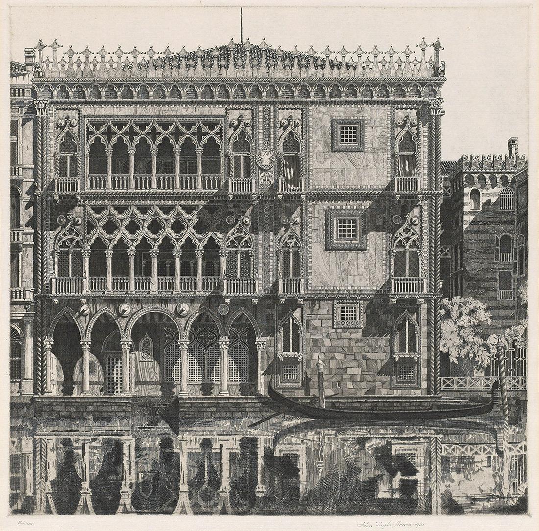 JOHN TAYLOR ARMS Venetian Filigree.: JOHN TAYLOR ARMSVenetian Filigree.Etching, 1931. 274x278 mm; 10x11 inches, full margins. Second state (of 2). Edition of 139. Signed and inscribed "Ed 100" in pencil, lower margin. A brilliant, well-i