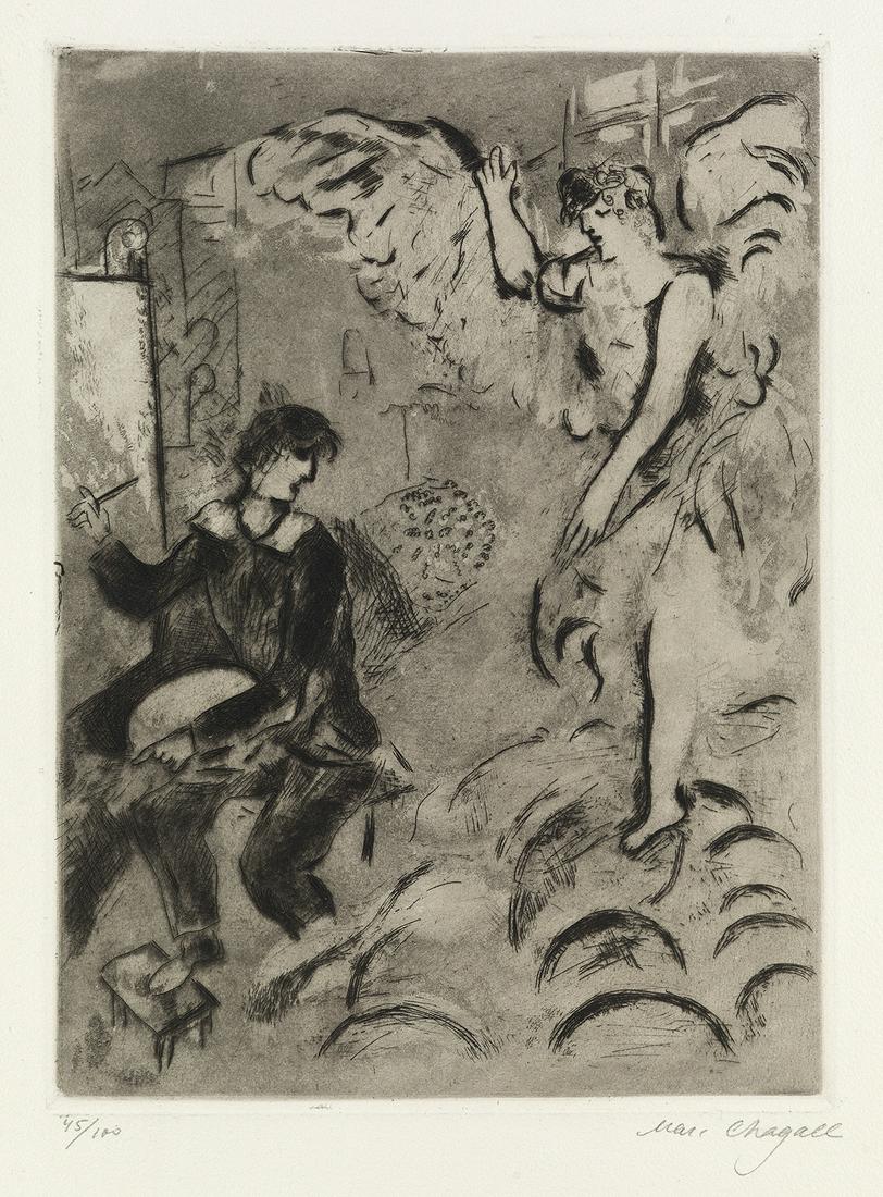 MARC CHAGALL L'Apparition, I.: MARC CHAGALLL'Apparition, I.Etching and aquatint, 1924-25. 372x273 mm; 14¾x10¾ inches, full margins. Third state (of 3). Signed and numbered 45/100 in pencil, lower margin. Printed by Louis Fort, Pa
