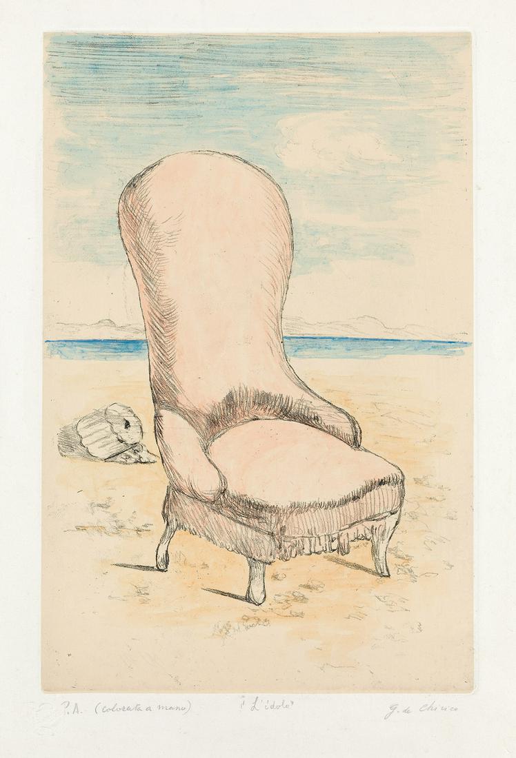 GIORGIO DE CHIRICO L'Idolo.: GIORGIO DE CHIRICOL'Idolo.Soft-ground etching with hand coloring on Chine appliqué, 1972. 490x320 mm; 19¼x12 inches, full margins. One of approximately only 12 artist's proofs with hand coloring, as