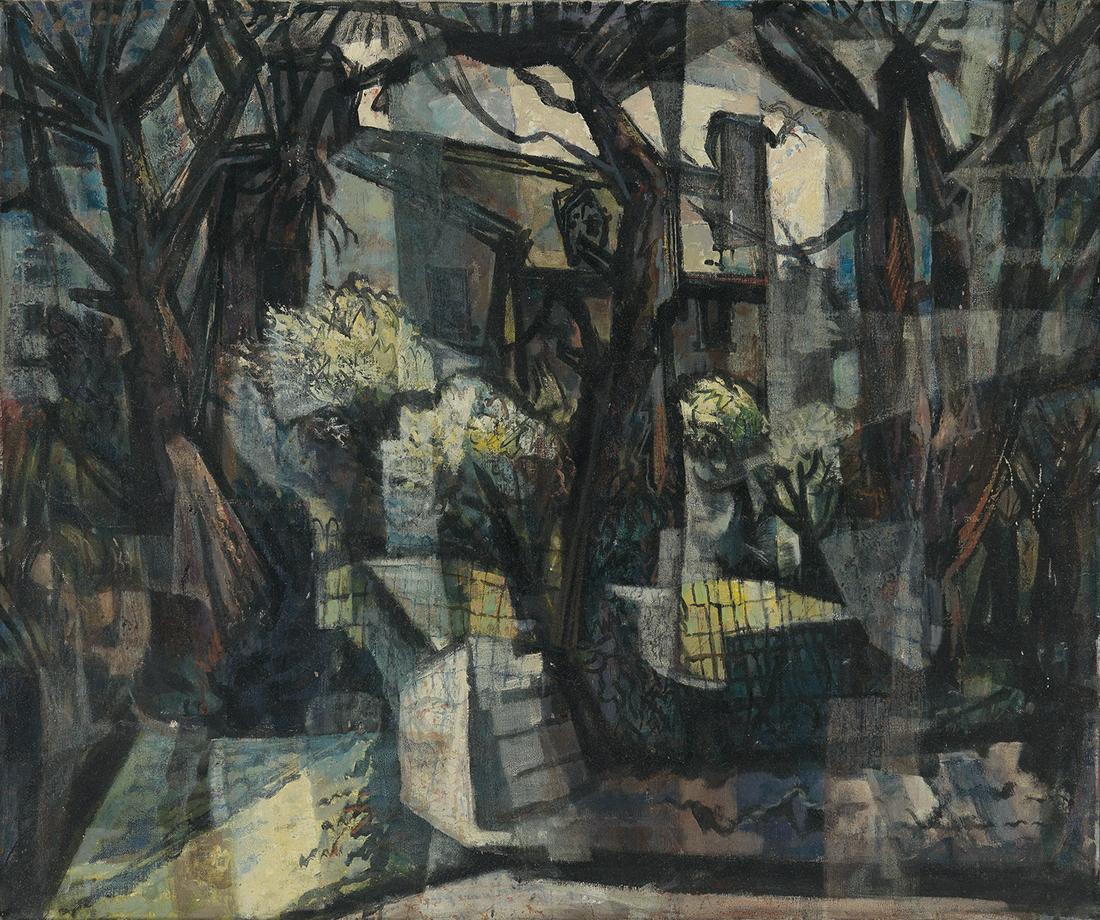 EDWARD L. LOPER, SR. (1916 - 2011) The Garden.: EDWARD L. LOPER, SR. (1916 - 2011) The Garden. Oil on linen canvas, circa 1950. 762x914 mm; 30x36 inches. Signed in oil, upper left recto. Signed and titled in ink, verso.Provenance: private collectio