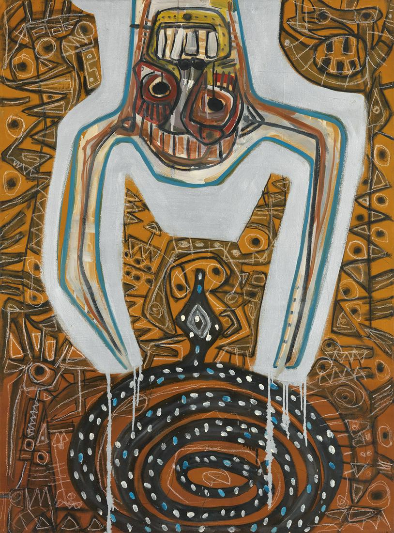 DANNY SIMMONS (1954 - ) The Complicated and Ongoing: DANNY SIMMONS (1954 - ) The Complicated and Ongoing Search for Sutiable Objects of Worship. Oil and crayon on cotton canvas, 1997. 1372x1016 mm; 54x40 inches. Signed, titled, dated and inscribed "Or I