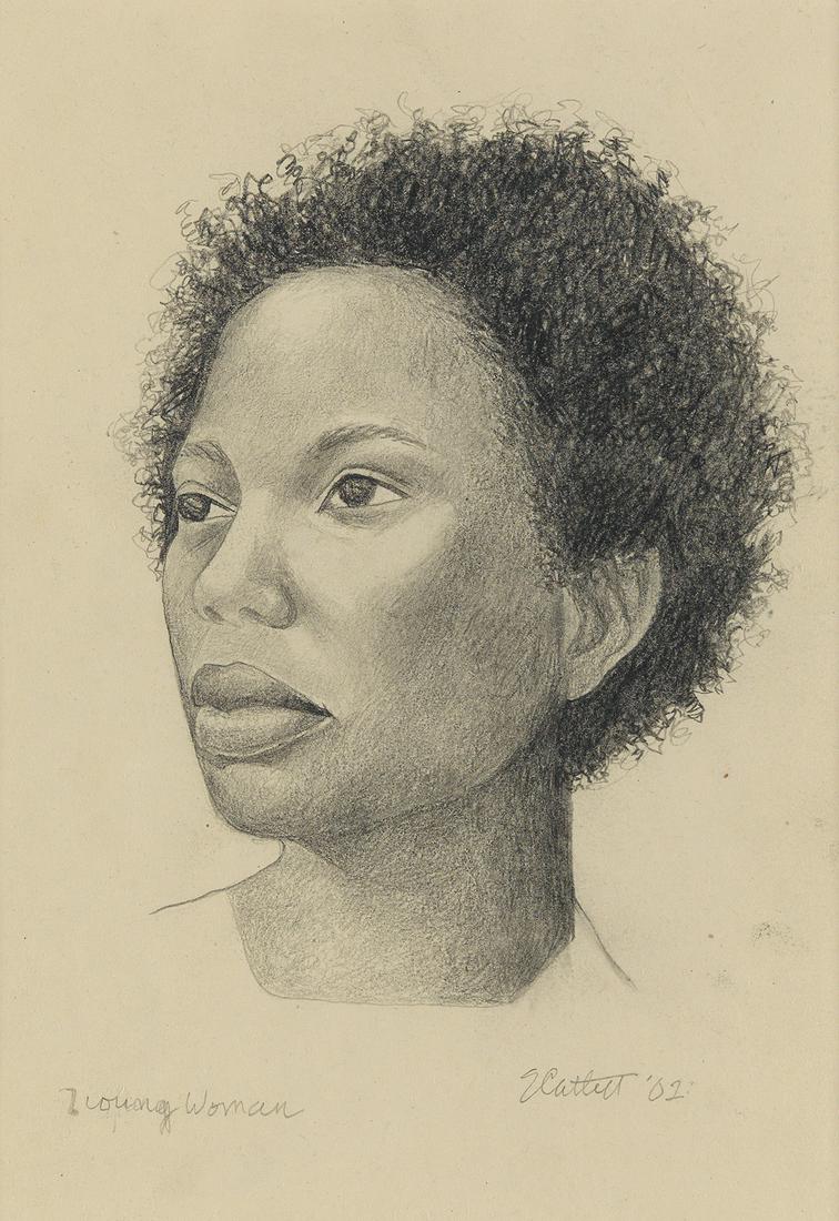 ELIZABETH CATLETT (1915 - 2012) Young Woman.: ELIZABETH CATLETT (1915 - 2012) Young Woman. Pencil and graphite on buff wove paper, 2002. 279x203 mm; 11x8 inches. Signed, titled and dated in pencil, lower margin.Provenance: the artist; Stella Jone