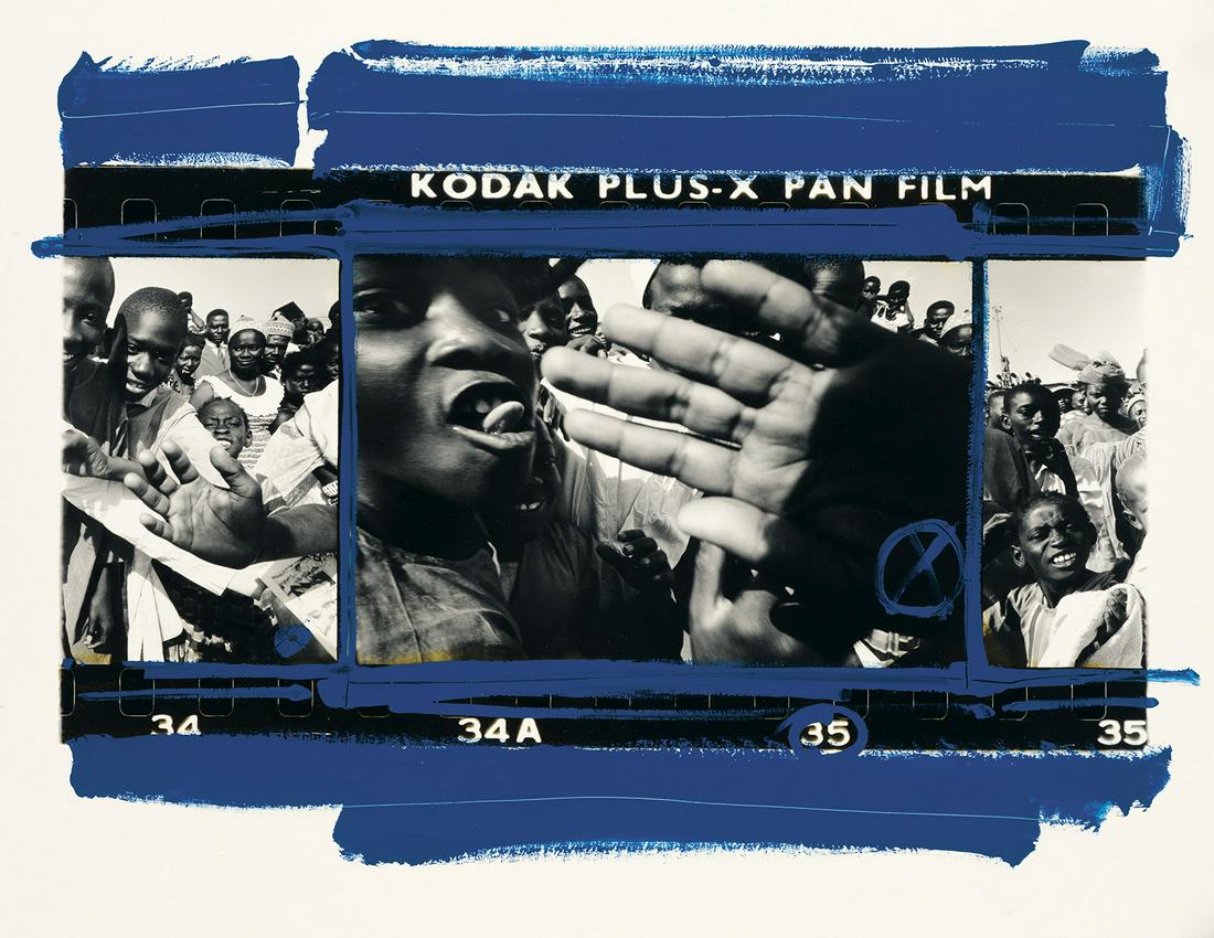 WILLIAM KLEIN (1928- ) School out, Dakar.: WILLIAM KLEIN (1928- ) School out, Dakar. Silver print with applied blue pigment, the overall image and sheet measuring 19¾x23½ inches (50.2x59.7 cm.), flush mounted, with Klein's signature,