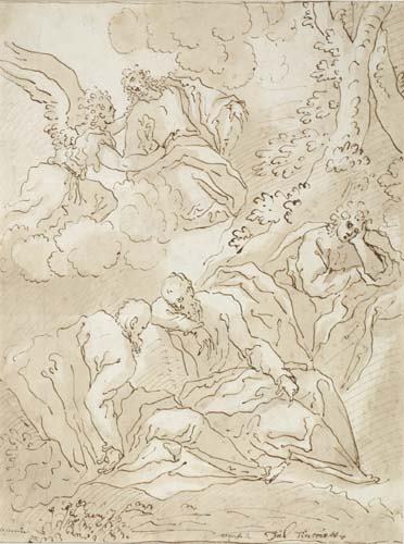 ALESSANDRO MAGANZA (Vicenza 1556-1630 Vicenza): ALESSANDRO MAGANZA (Vicenza 1556-1630 Vicenza) Christ on the Mount of Olives. Pen and brown ink and wash over black chalk on cream laid paper. 280x210 mm; 11 1/8x8>AF3/8> inches. With a study of Roman
