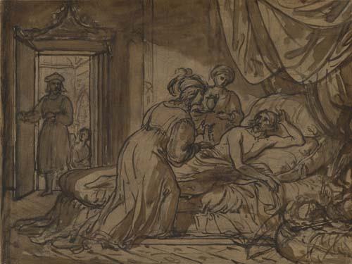 ITALIAN SCHOOL, 18TH-CENTURY A Man in Bed Surp: ITALIAN SCHOOL, 18TH-CENTURY A Man in Bed Surprised by Two Women. Brush and black ink and brown wash on beige laid paper. 193x258 mm; 7 3/4x10 1/4 inches. All items are offered for sale subject t