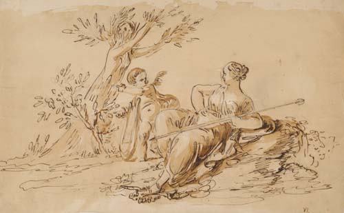 GIUSEPPE CADES (CIRCLE OF) (Rome 1750-1799 Rom: GIUSEPPE CADES (CIRCLE OF) (Rome 1750-1799 Rome) Daphne Transformed into a Tree Shown by Cupid to a Reclining Venus. Pen and brown ink and wash with white heightening on cream laid paper. 215x347 mm;