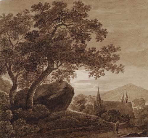 CHRISTOPH NATHE (CIRCLE OF) (Niederbielau 1750: CHRISTOPH NATHE (CIRCLE OF) (Niederbielau 1750-1806 Schadewalden) A Moonlit Landscape with a Traveler on a Path Nearing a Village. Brush and brown ink on cream wove paper. 345x375 mm; 13 5/8x14 7/8 in