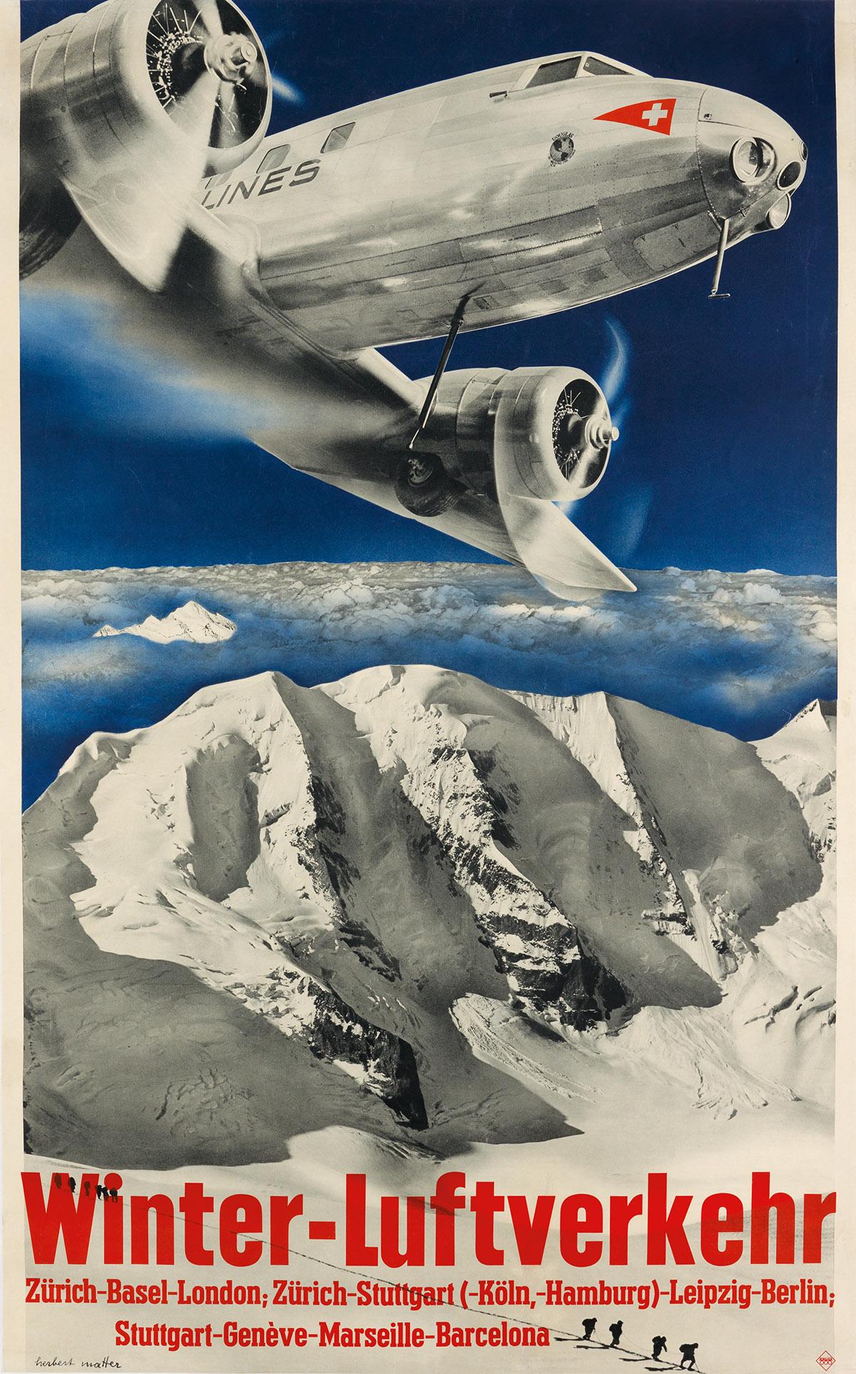 HERBERT MATTER (1907-1984). WINTER - LUFTVERKEHR. 1935.: HERBERT MATTER (1907-1984) WINTER - LUFTVERKEHR. 1935. 40x25 inches, 102x63 cm. Ringier & Co., [Zofingen.] Condition B+: repaired tear at bottom edge, through text; minor repaired tears in margins; mi