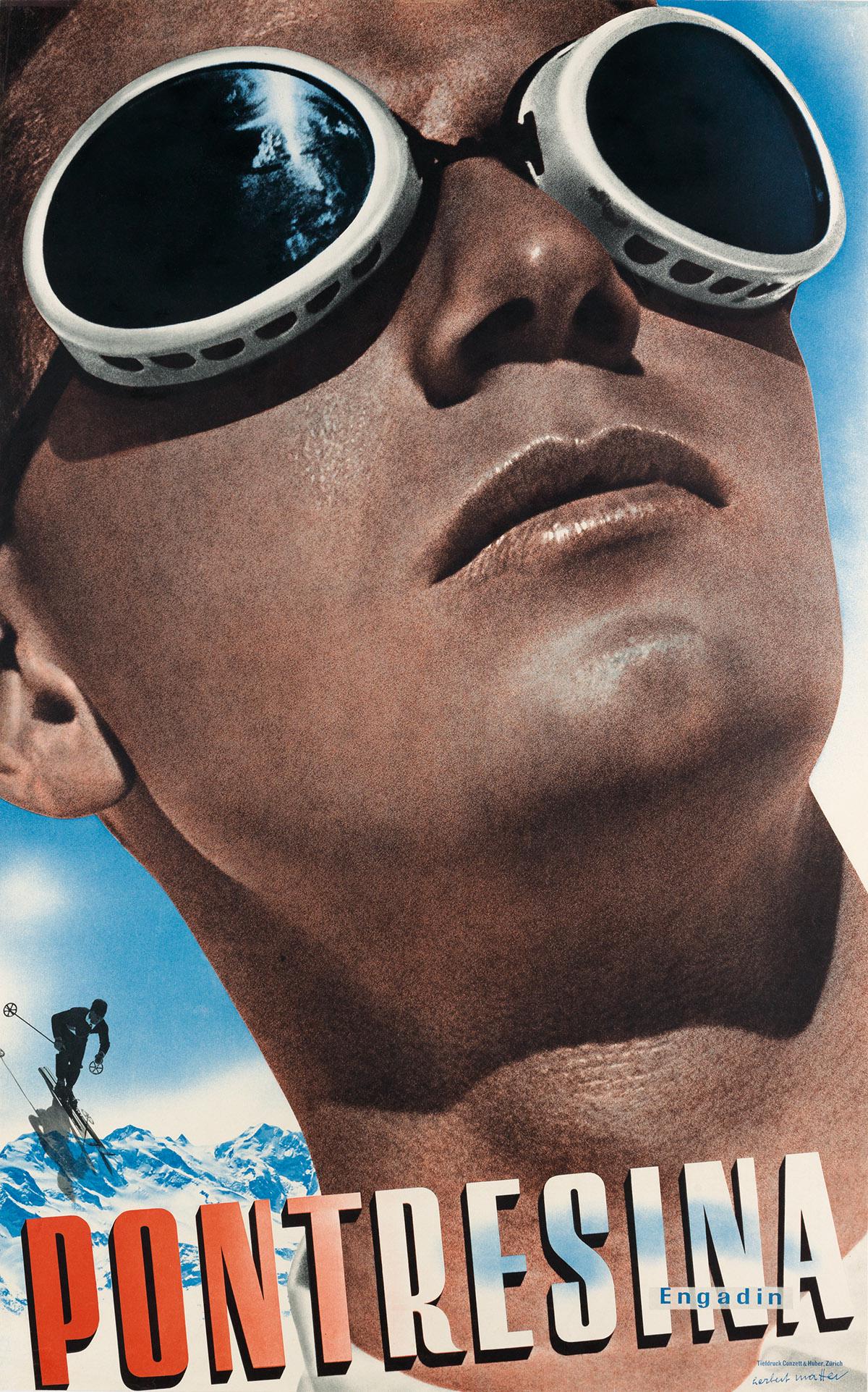 HERBERT MATTER (1907-1984). PONTRESINA / ENGADIN. 1935.: HERBERT MATTER (1907-1984) PONTRESINA / ENGADIN. 1935. 40x25 inches, 102x63 cm. Conzett & Huber, Zurich. Condition A-: small replaced losses at upper corners; minor creases and restoration at edges. T