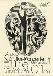 OTTO BAUMBERGER (1889-1961). ERSTKLASSIGE K&#220;NSTLER: OTTO BAUMBERGER (1889-1961) ERSTKLASSIGE K&#220;NSTLER - KONZERTE IM HOTEL - RESTAURANT ELITE. 1915. 50x35 inches, 128x90 cm. J.E. Wolfensberger, Zurich. Condition B+: repaired tears at edges; tape on