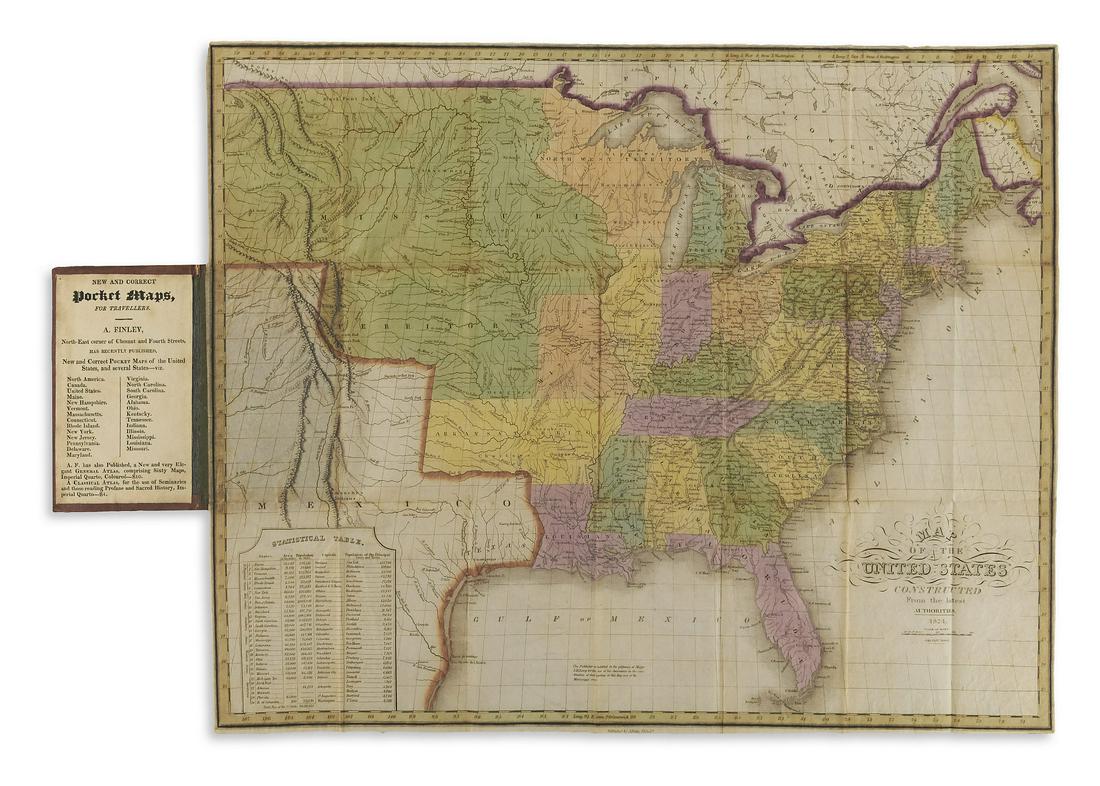 FINLEY, ANTHONY. Map of the United States.: FINLEY, ANTHONY. Map of the United States. Fine pocket map of the United States engraved by James Hamilton Young. Thin banknote paper, 17x21 inches sheet size, folding into publisher's red roan case w