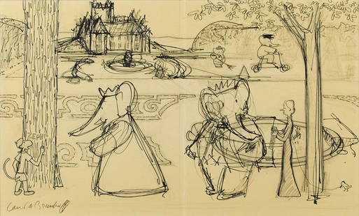 LAURENT DE BRUNHOFF. Sketch for the garden of the: LAURENT DE BRUNHOFF.Sketch for the garden of the castle. Sketch for Le Chateau de Babar [Babar's Castle, trans.], (Paris: Hachette, 1961). Pen, ink, and graphite on paper. 270x460 mm; 10¾x18 inch