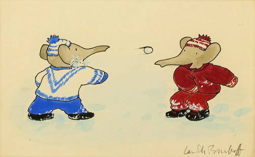 LAURENT DE BRUNHOFF. Snowball fight (Pom and Flora).: LAURENT DE BRUNHOFF.Snowball fight (Pom and Flora). Story illustration for Les Leçons de Français de Babar [Babar's French Lessons, trans.], (Paris; Hachette, 1963). Mixed media, including w