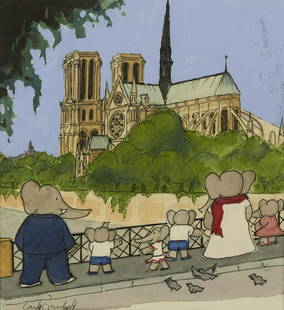 LAURENT DE BRUNHOFF. "Babar took them to see the: LAURENT DE BRUNHOFF."Babar took them to see the Cathedral of Notre Dame." Color study for the illustration in Babar's World Tour, (New York: Harry Abrams, 2005). Mixed media, including gouache,