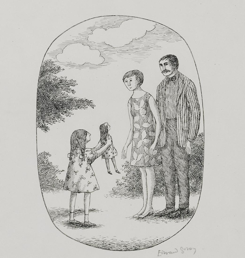 EDWARD GOREY. "Even before Jane hugged them hello, she: EDWARD GOREY."Even before Jane hugged them hello, she showed them the doll and said, `This is Christmas-Tree June!'" Illustration for page 76 of Merry, Rose, and Christmas-Tree June, by Doris Orgel (N