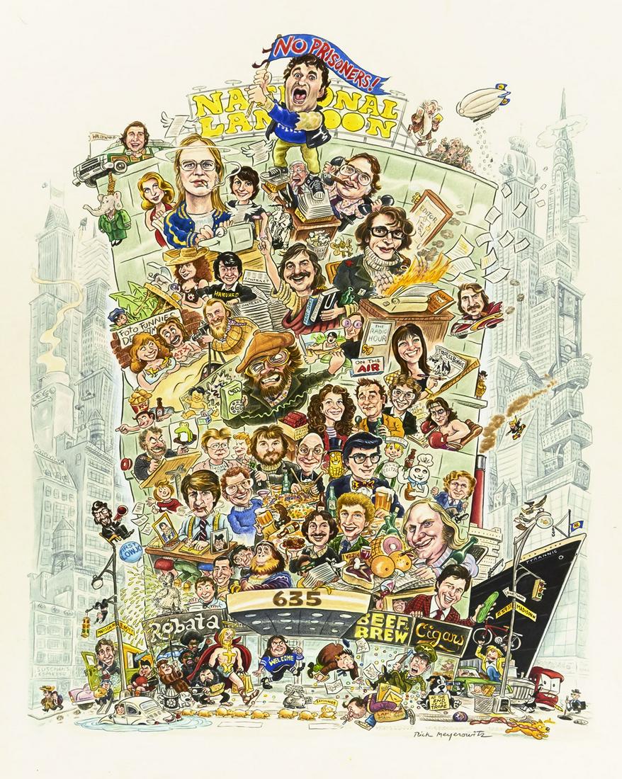 RICK MEYEROWITZ. "Drunk Stoned Brilliant Dead." [FILM: RICK MEYEROWITZ."Drunk Stoned Brilliant Dead." Poster design for 2015 film of the same name. Includes finished artwork, two large scale sketches, and eight smaller sheets. Finished artwork is watercol