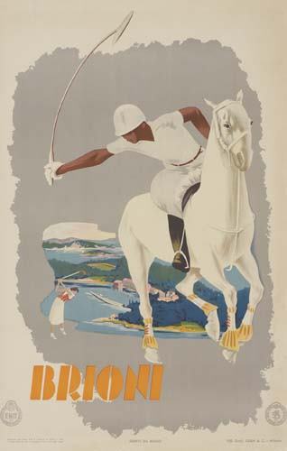 POSTER. BRIONI 39x27 inches. Coen & Co., Milan: . BRIONI 39 1/4x27 inches. Coen & Co., Milan. Condition A. A polo player on a white horse and a woman playing golf, with the pink coastal resort in the background. A resort on the Adriatic where wealt