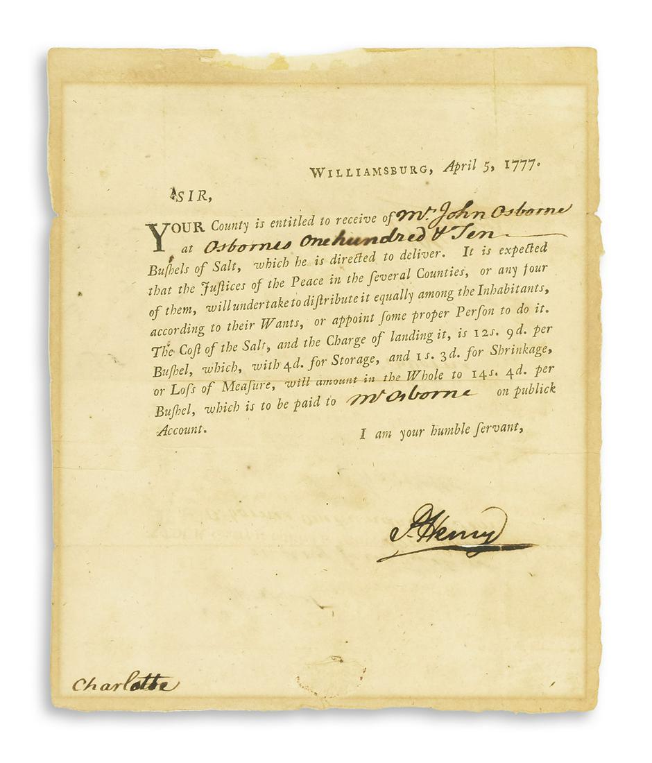 (AMERICAN REVOLUTION.) HENRY, PATRICK. Partly-printed (1 of 2)