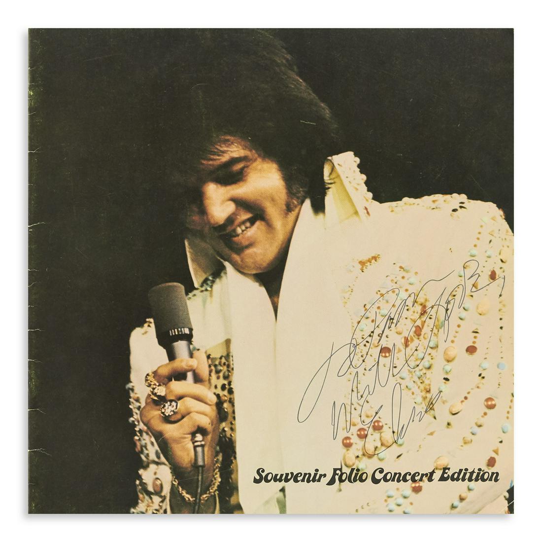 PRESLEY, ELVIS. Souvenir Folio Concert Edition, Signed: COMPLETE SOUVENIR CONCERT BOOKLET SIGNED PRESLEY, ELVIS. Souvenir Folio Concert Edition, Signed and Inscribed on front cover: "To Pam / with Love / Elvis." 11x11 inches, pictorial wrappers, , staple b