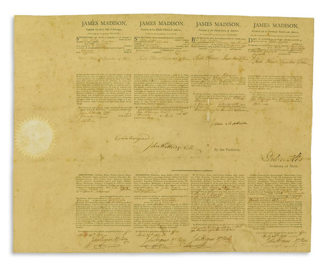 JAMES MADISON. Partly-printed Document Signed, as: JAMES MADISON. Partly-printed Document Signed, as President, 4-language ship's papers for the schooner Lucretia. Countersigned by Secretary of State Robert Smith. 16¾x20¾ inches; silked on r