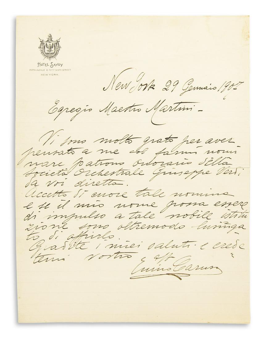 CARUSO, ENRICO. Autograph Letter Signed, to Director of (1 of 1)