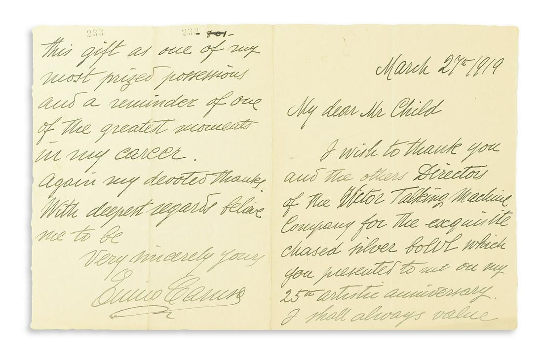 CARUSO, ENRICO. Autograph Letter Signed, to Victor (1 of 1)