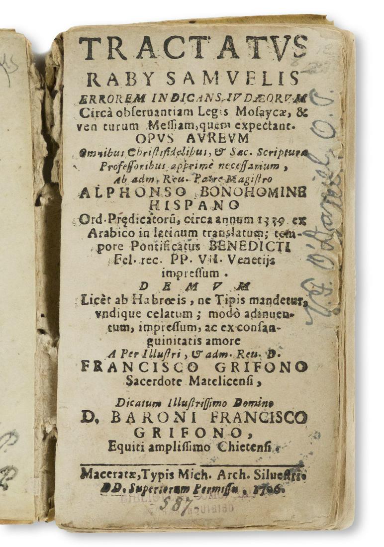 Marochitanus, Samuel [aka Samuel, Israeli of Morocco]: Marochitanus, Samuel [aka Samuel, Israeli of Morocco] (ca. 1085) Tractatus Raby Samuelis Errorem Indicans Iudaeorum circa Obseruantiam Legis Mosaycae. 12mo, A-B12, C18; bound in full contemporary limp