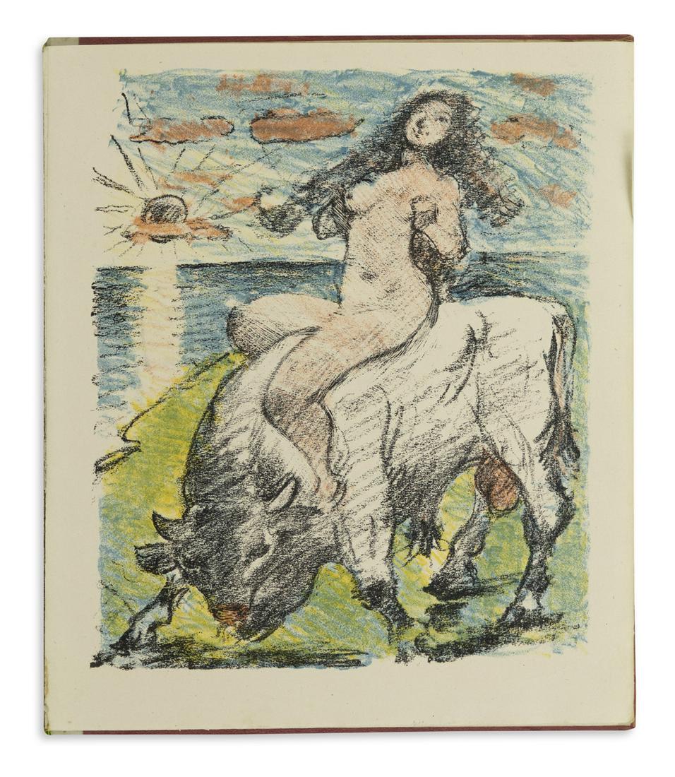 (CURIOSA / CORINTH, LOVIS.) Schiller, Friedrich. Der: (CURIOSA / CORINTH, LOVIS.) Schiller, Friedrich. Der Venuswagen. Ein Gedichte. Band I. 8 erotic color lithographs by Corinth. 4to, original parchment-backed rose silk-covered boards with faux bone cla