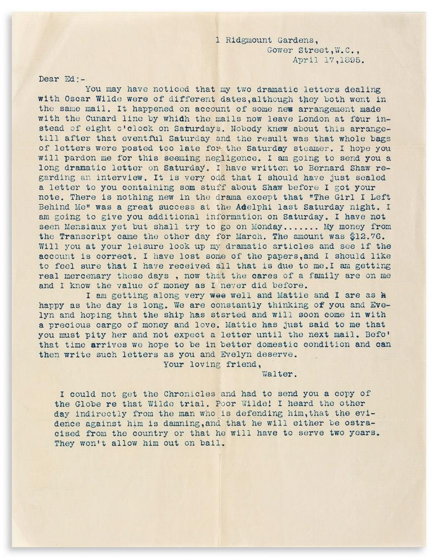 (OSCAR WILDE TRIAL.) Typed Letter Signed by (1 of 2)