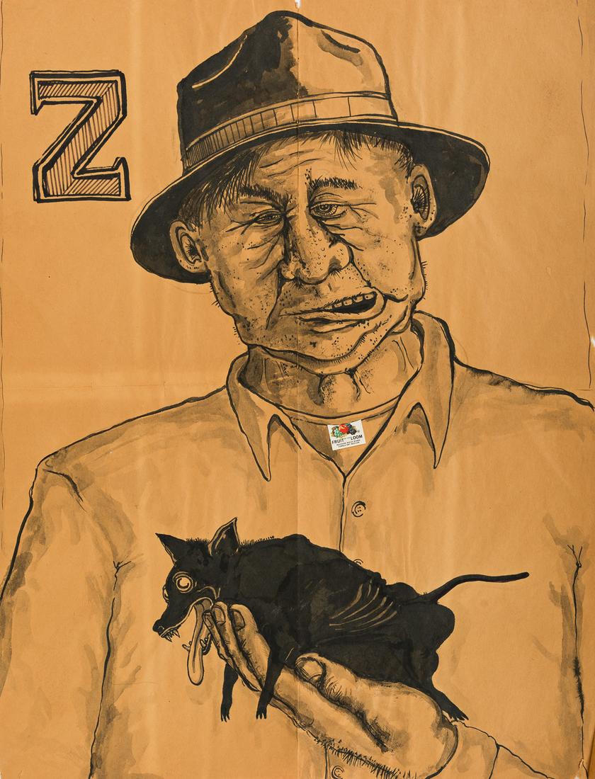 DAVID WOJNAROWICZ (1954-1992) Man Holding Rat.: DAVID WOJNAROWICZ (1954-1992)Man Holding Rat. Brush and ink wash drawing with collage on paper. 585x483 mm; 23¼x17¾ inches.Provenance: From the Estate of Brian Butterick.