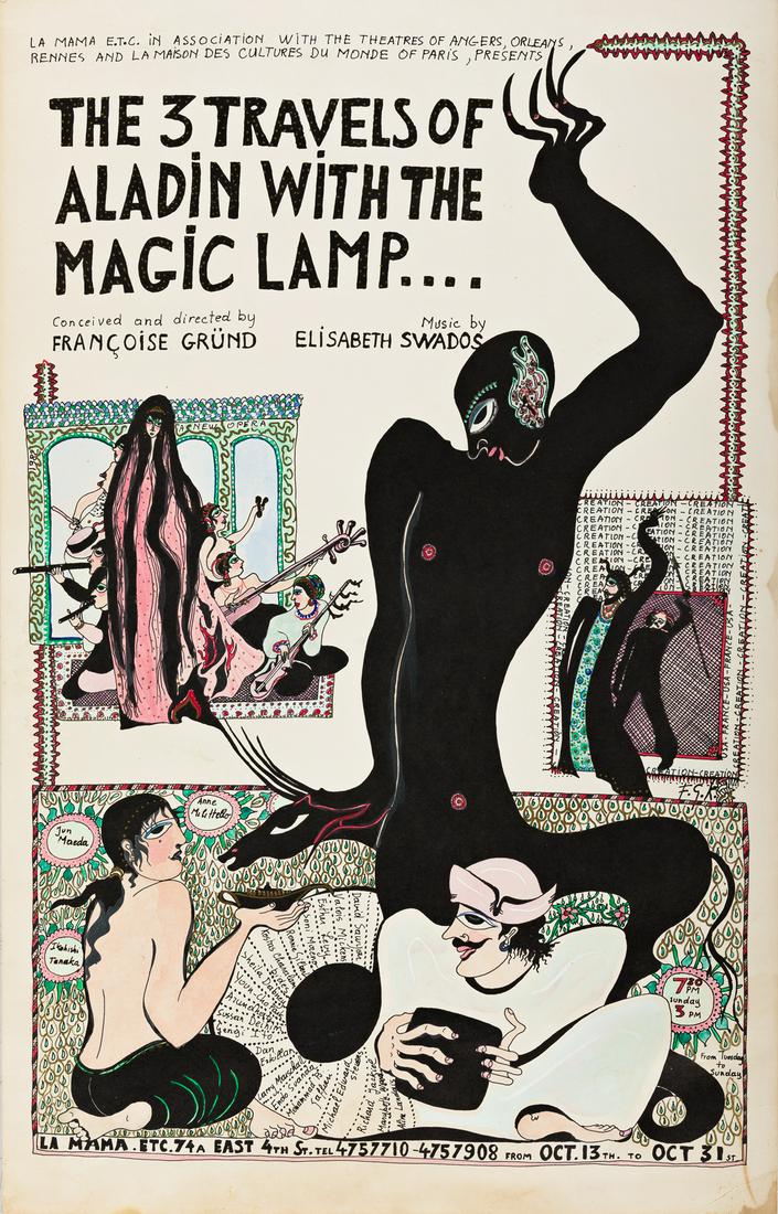 FRANCOISE GRUND KHAZNADAR (1938-) The 3 Travels of: FRANCOISE GRUND KHAZNADAR (1938-)The 3 Travels of Aladin with the Magic Lamp... Lithographed poster, 557x358 mm, 21x13 inches. 1982.La Mama has been one of New York City's premiere experimental theatr