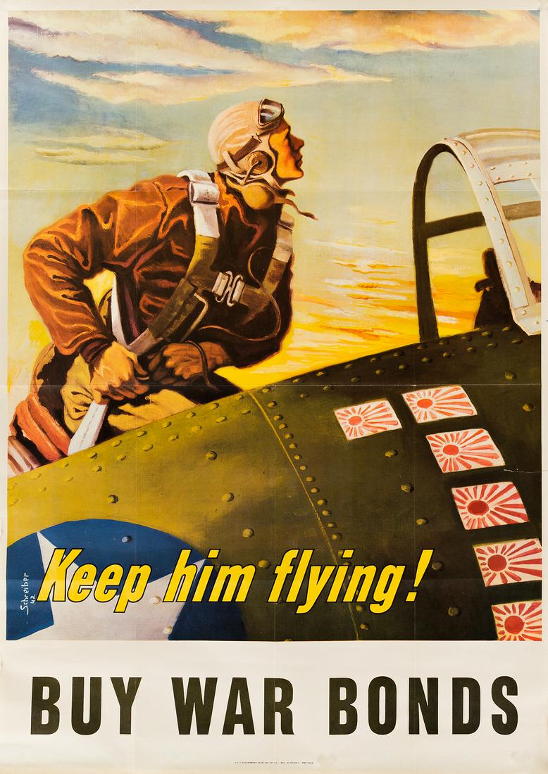 GEORGES SCHREIBER (1904-1977). KEEP HIM FLYING! / BUY: GEORGES SCHREIBER (1904-1977) KEEP HIM FLYING! / BUY WAR BONDS. 1943. 40x28 inches, 101x72 cm. U.S. Government Printing Office, [Washington, D.C.] Condition B+: tape-repaired tear at right edge, into