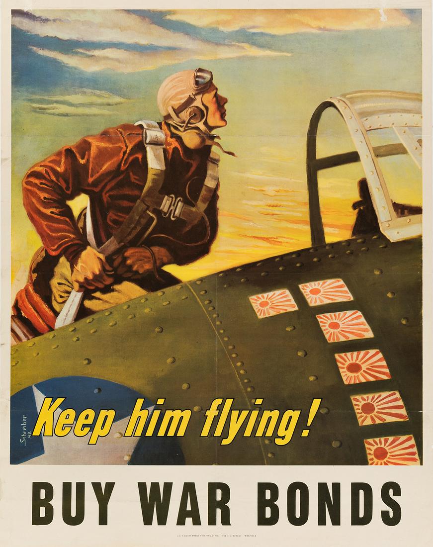 GEORGES SCHREIBER (1904-1977). KEEP HIM FLYING! / BUY: GEORGES SCHREIBER (1904-1977) KEEP HIM FLYING! / BUY WAR BONDS. 1943. 28x22 inches, 71x56 cm. U.S. Government Printing Office, [Washington, D.C.] Condition A-: minor tears and abrasions at edges; mino