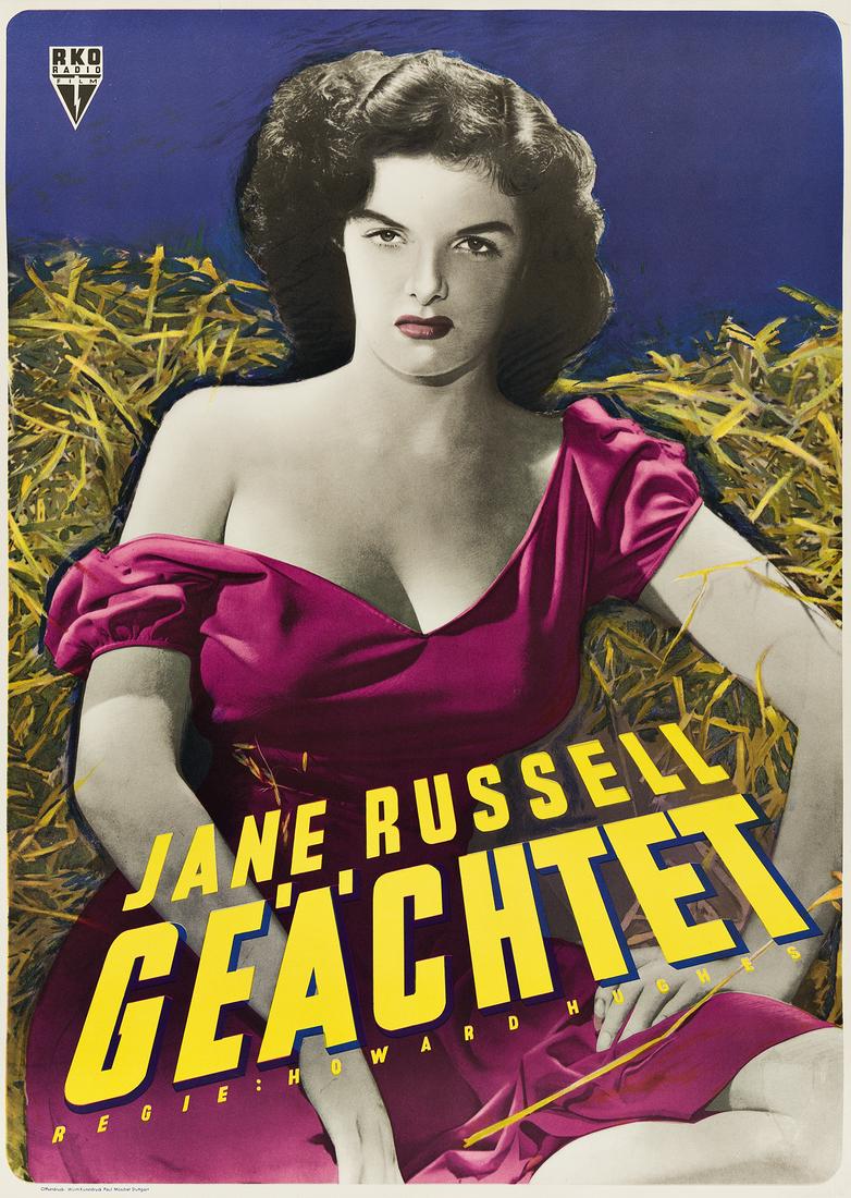 DESIGNER UNKNOWN. JANE RUSSELL / GEÄCHTET / RKO.: DESIGNER UNKNOWN JANE RUSSELL / GEÄCHTET / RKO. 1943. 33x23 inches, 83x59 cm. Paul Möschet, Stuttgart. Condition A: small repaired tears at edges.