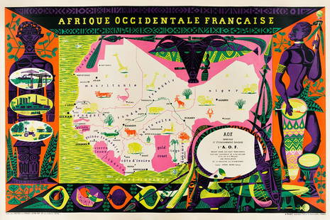 ALAIN CORNIC (1920-?). AFRIQUE OCCIDENTALE FRANCAISE.: ALAIN CORNIC (1920-?) AFRIQUE OCCIDENTALE FRANCAISE. 1955. 31x47 inches, 79x119 cm. G. Raidot, Paris. Condition B+: airbrushing and repaired tears in margins; minor foxing in margins and image; repair