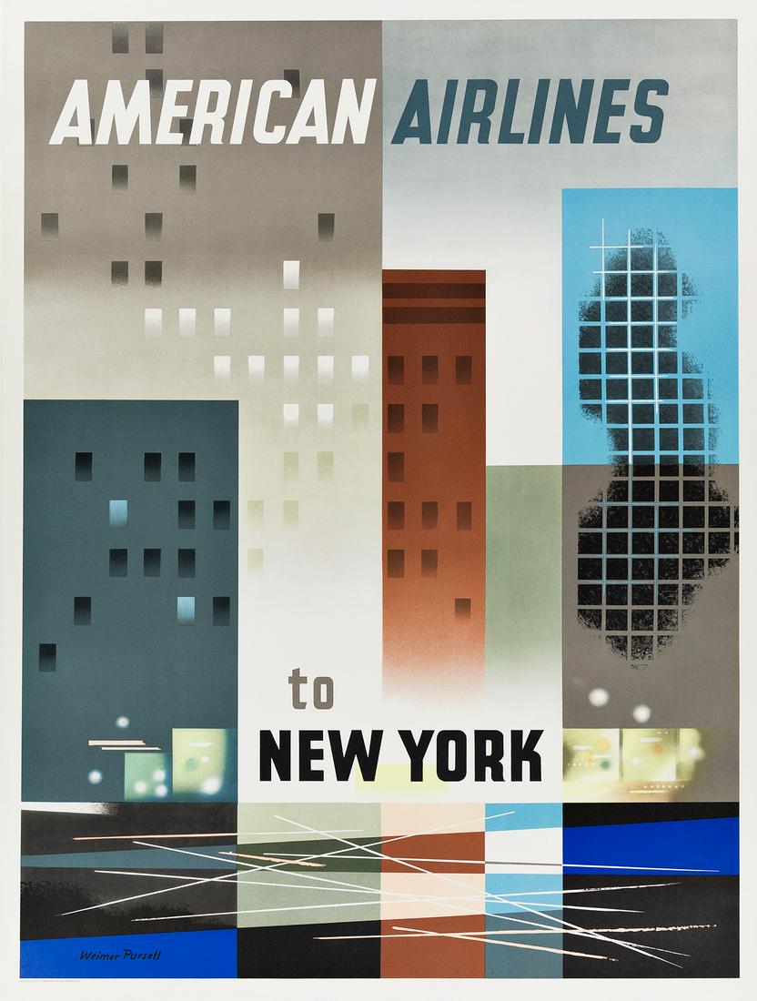 WEIMER PURSELL (1906-1974). AMERICAN AIRLINES TO NEW: WEIMER PURSELL (1906-1974) AMERICAN AIRLINES TO NEW YORK. 1956. 39x29 inches, 100x75 cm. Condition B+ / A-: minor repaired tears and creases in margins; reds faded. Airways p. 119.