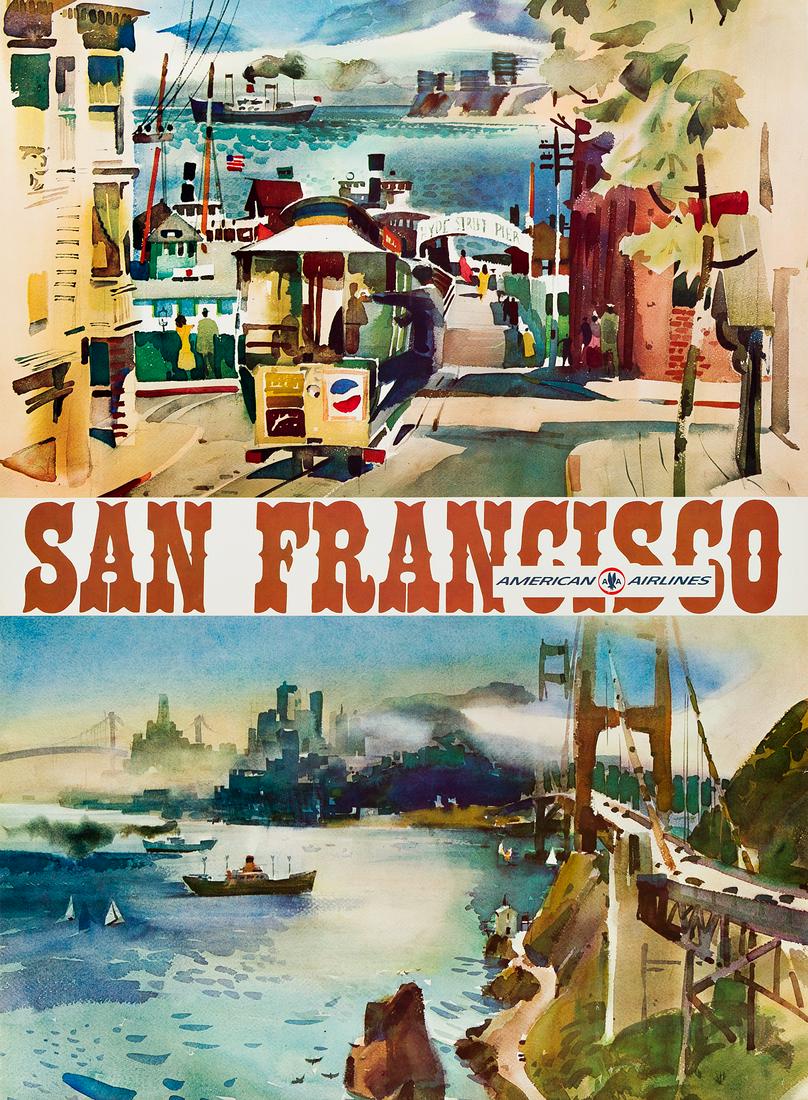 DONG KINGMAN (1911-2000). AMERICAN AIRLINES / SAN: DONG KINGMAN (1911-2000) AMERICAN AIRLINES / SAN FRANCISCO. Circa 1970s. 40x29 inches, 103x75 cm. Condition A-: minor repaired tears, creases and abrasions at edges; small water stain at left edge.