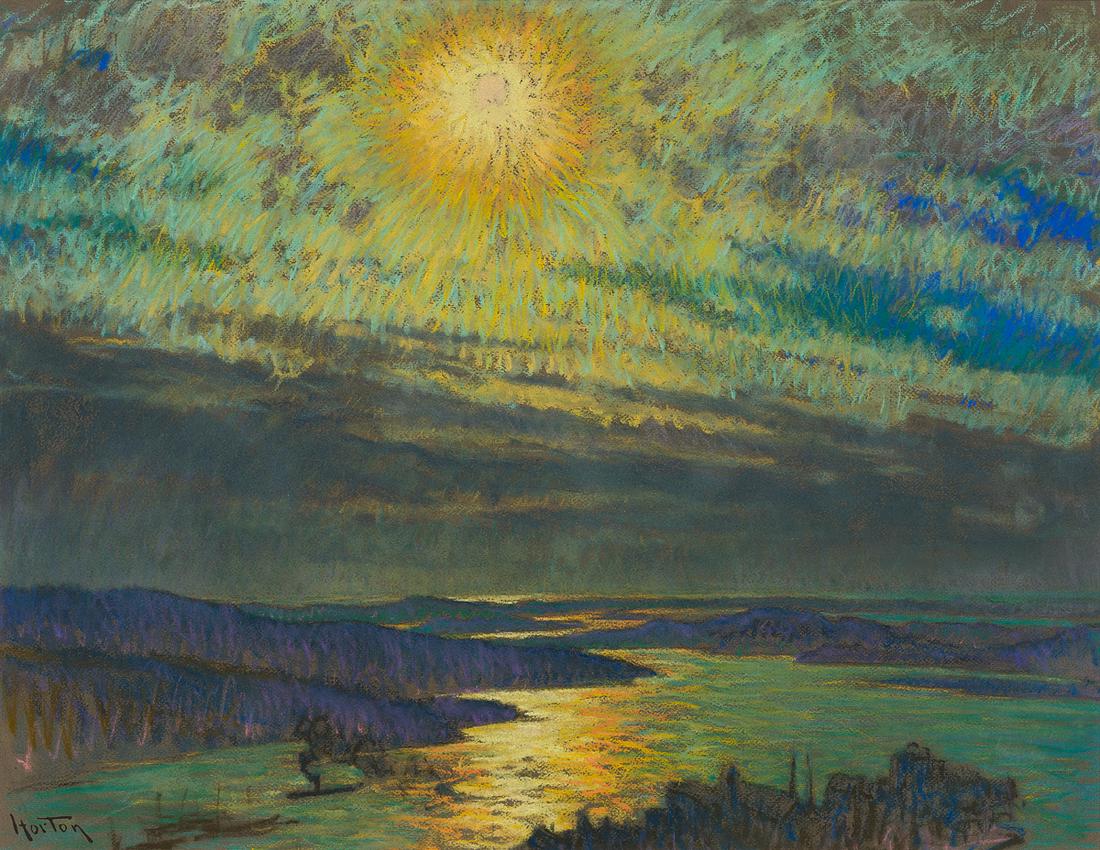 WILLIAM S. HORTON A Coastal Scene at Sunset.: WILLIAM S. HORTON A Coastal Scene at Sunset. Color pastels on grayish tan wove paper, circa 1910. 480x610 mm; 19x24 inches. Signed in ink, lower left recto.Ex-collection private collection, New York.