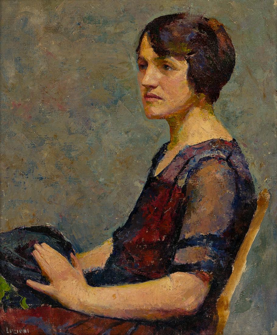 LUIGI LUCIONI Portrait of Alice, the Artist's Sister.: LUIGI LUCIONI Portrait of Alice, the Artist's Sister. Oil on canvas, 1925. 610x510 mm; 24¼x21 inches. Signed in oil, lower left recto.We would like to thank Katie Wood Kirchhoff, Ph.D., Associate