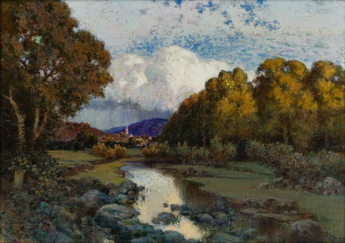 STEPHEN PARRISH New England Summer Landscape with: STEPHEN PARRISH New England Summer Landscape with Distant Village and Steeple. Oil on canvas, 1922. 505x700 mm; 20x27¾ inches. Signed and dated in oil, lower left recto.Sold Skinner, Boston, Febr